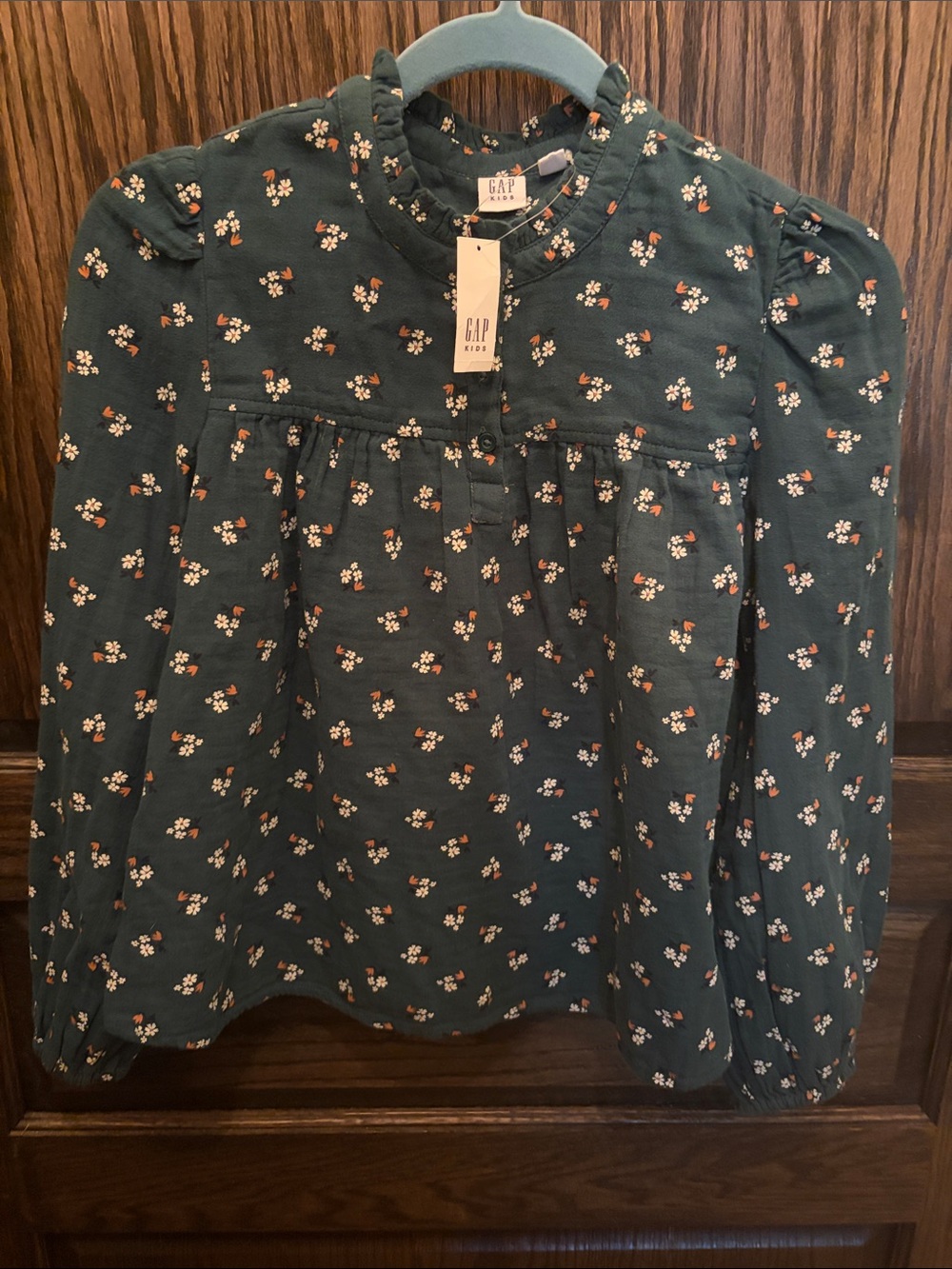 GAP Dark Green Floral Ruffle-Yoke Long Sleeve Top